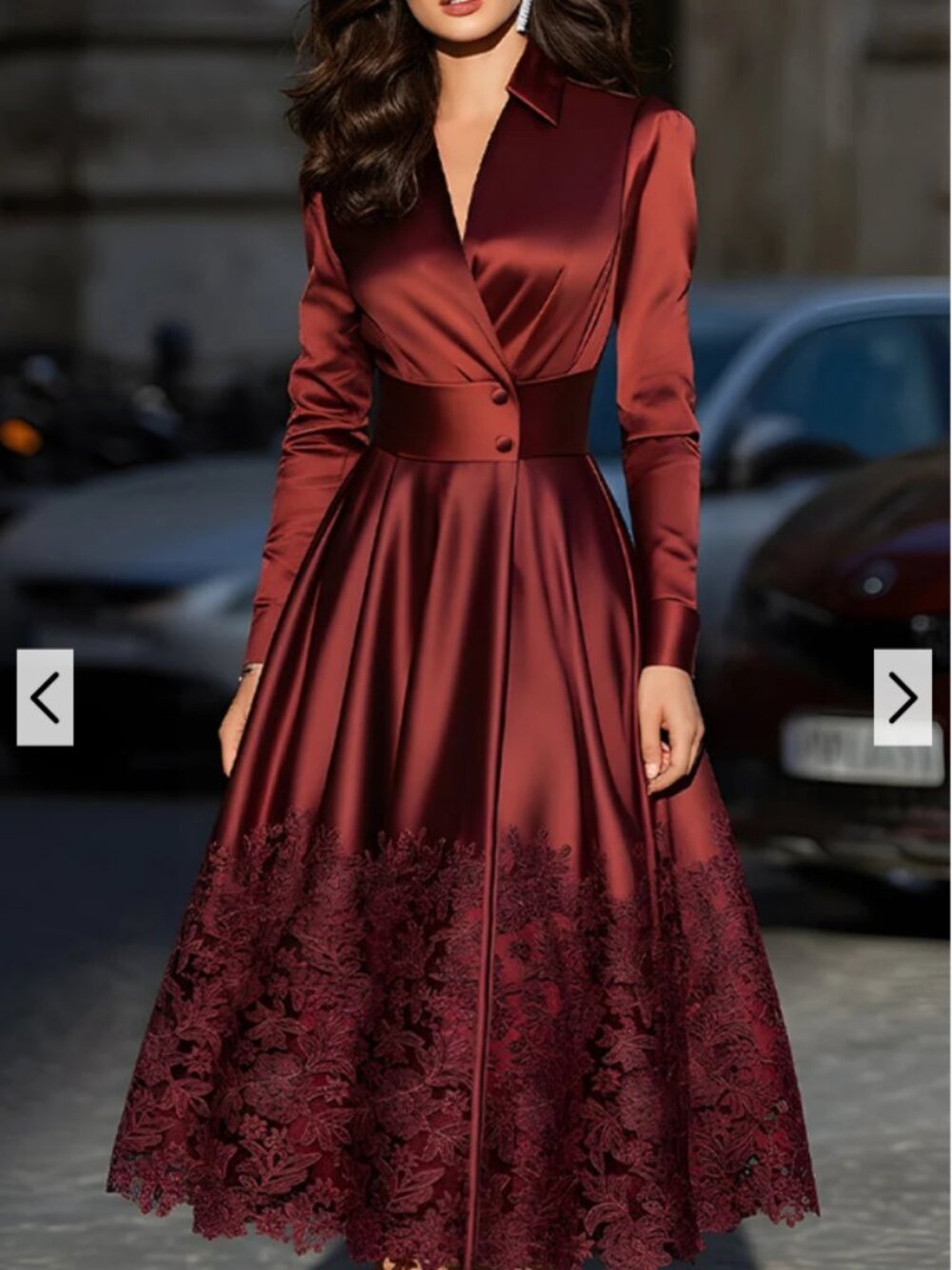 Mooyius Burgundy Satin Belted Midi Evening Dress With Lace Hem Size Med New